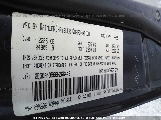 2B3KA43R66H266443 - 2006 DODGE CHARGER SE/SXT BLUE photo 9