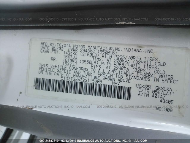 5TDZT38A32S115205 - 2002 TOYOTA SEQUOIA LIMITED WHITE photo 9