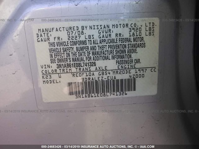 3N1AB61E08L741326 - 2008 NISSAN SENTRA 2.0/2.0S/2.0SL SILVER photo 9