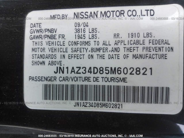 JN1AZ34D85M602821 - 2005 NISSAN 350Z COUPE BLACK photo 9