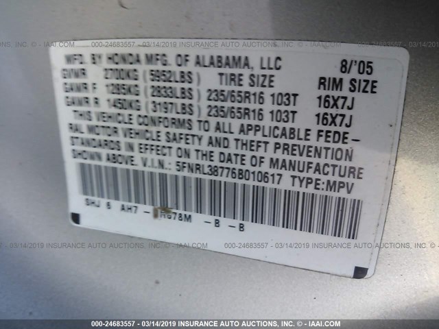 5FNRL38776B010617 - 2006 HONDA ODYSSEY EXL SILVER photo 9