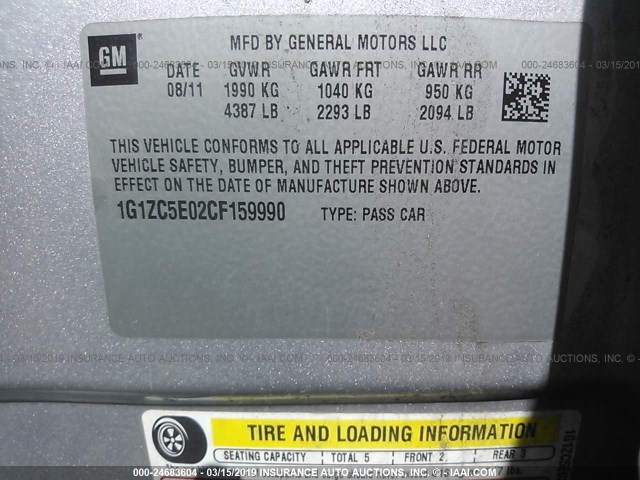 1G1ZC5E02CF159990 - 2012 CHEVROLET MALIBU 1LT 银色 照片 9