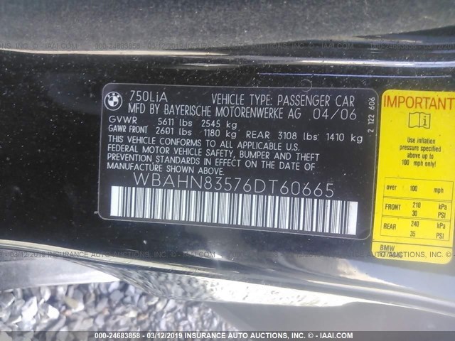 WBAHN83576DT60665 - 2006 BMW 750 LI BLACK photo 9