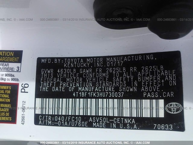 4T1BF1FK3HU730037 - 2017 TOYOTA CAMRY LE/XLE/SE/XSE თეთრი ფოტო 9