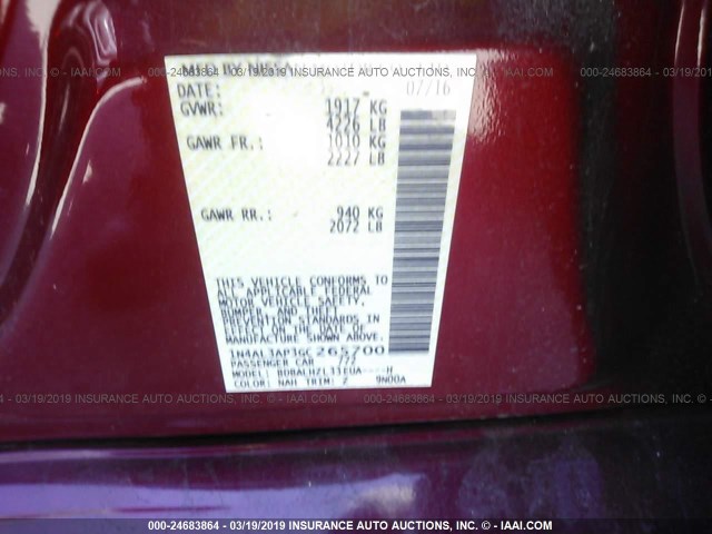 1N4AL3AP3GC265700 - 2016 NISSAN ALTIMA 2.5/S/SV/SL/SR BURGUNDY photo 9