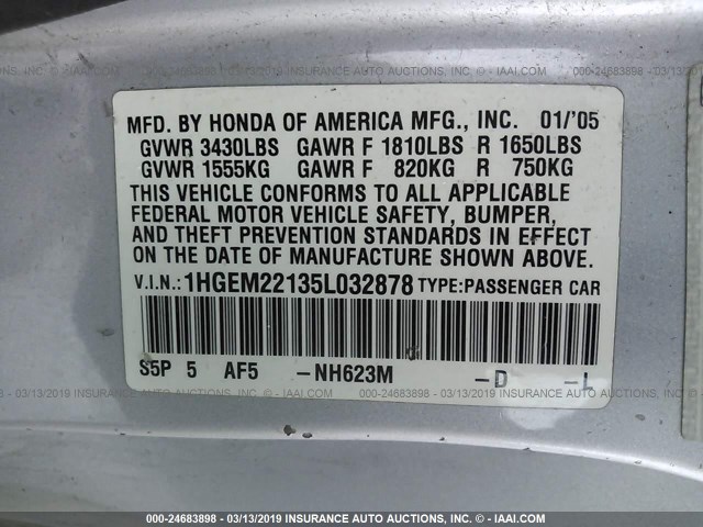 1HGEM22135L032878 - 2005 HONDA CIVIC DX VP SILVER photo 9