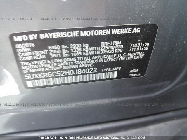 5UXKR6C52H0J84022 - 2017 BMW X5 XDRIVE50I GRAY photo 9