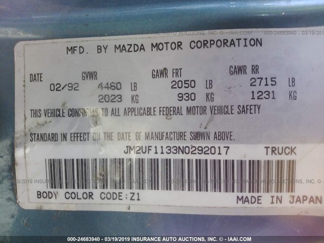 JM2UF1133N0292017 - 1992 MAZDA B2200 SHORT BED Light Blue photo 9