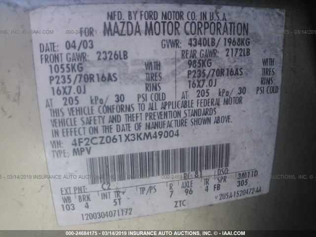 4F2CZ061X3KM49004 - 2003 MAZDA TRIBUTE ES ნაცრისფერი ფოტო 9