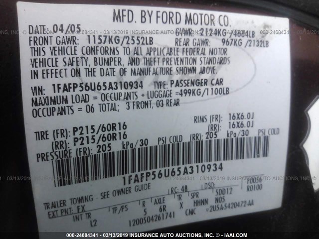 1FAFP56U65A310934 - 2005 FORD TAURUS SEL RED photo 9