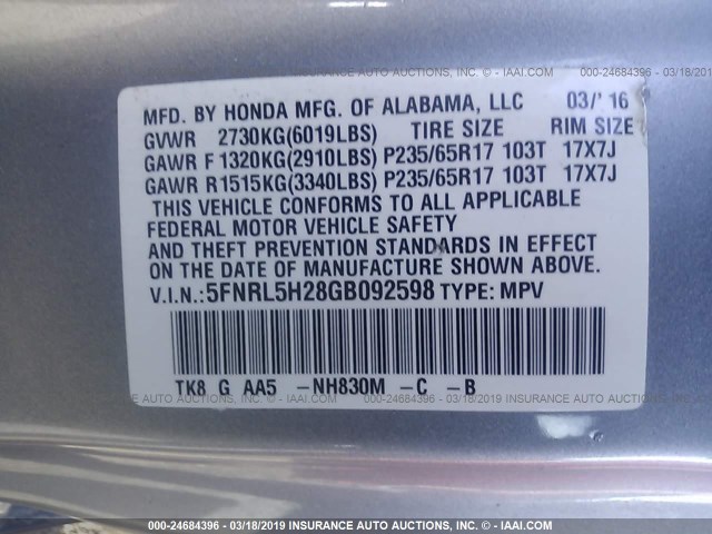 5FNRL5H28GB092598 - 2016 HONDA ODYSSEY LX SILVER photo 9