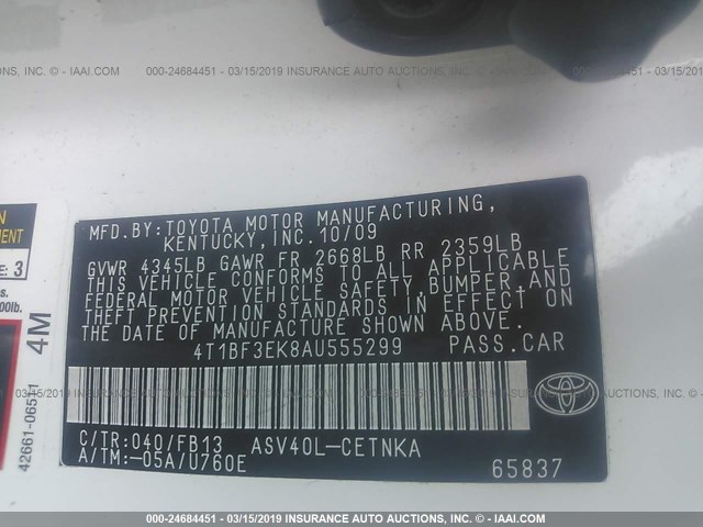 4T1BF3EK8AU555299 - 2010 TOYOTA CAMRY SE/LE/XLE WHITE photo 9