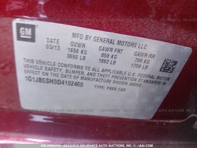 1G1JB5SH3D4192469 - 2013 CHEVROLET SONIC LS RED photo 9