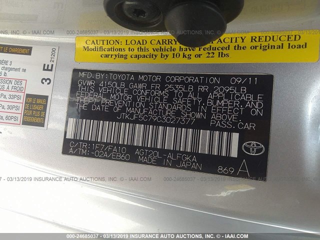 JTKJF5C79C3027377 - 2012 TOYOTA SCION TC SILVER photo 9