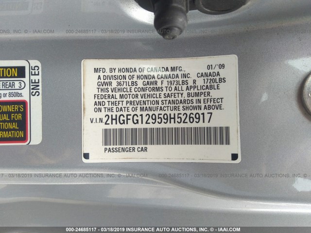 2HGFG12959H526917 - 2009 HONDA CIVIC EXL SILVER photo 9