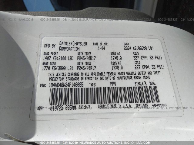 1D4HD48N24F146095 - 2004 DODGE DURANGO SLT WHITE photo 9