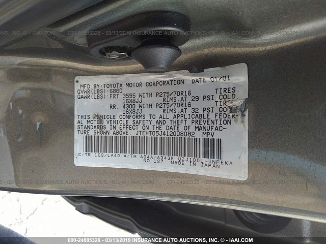 JTEHT05J412008082 - 2001 TOYOTA LAND CRUISER  GRAY photo 9