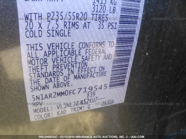 5N1AR2MM0FC719545 - 2015 NISSAN PATHFINDER S/SV/SL/PLATINUM GRAY photo 9