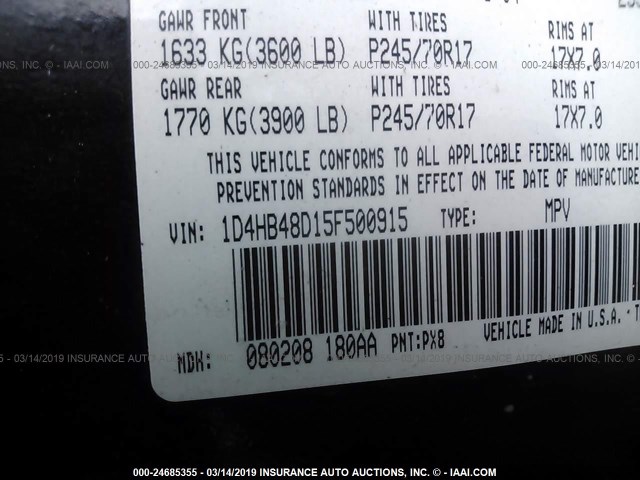 1D4HB48D15F500915 - 2005 DODGE DURANGO SLT BLACK photo 9