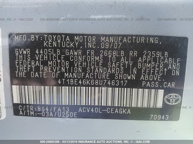 4T1BE46K68U746317 - 2008 TOYOTA CAMRY CE/LE/XLE/SE Light Blue photo 9