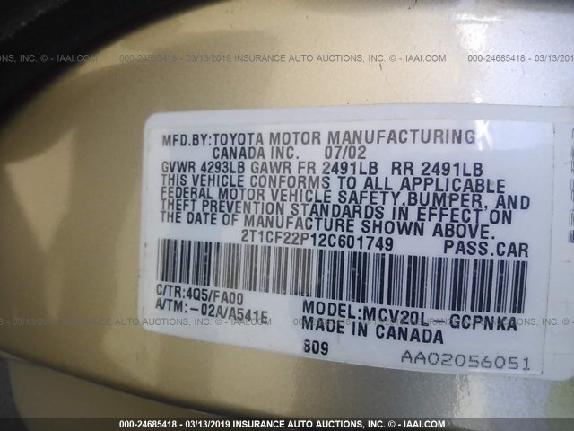 2T1CF22P12C601749 - 2002 TOYOTA CAMRY SOLARA SE/SLE GOLD photo 9