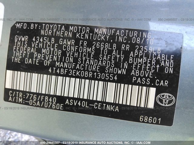 4T4BF3EK0BR130554 - 2011 TOYOTA CAMRY SE/LE/XLE TEAL photo 9