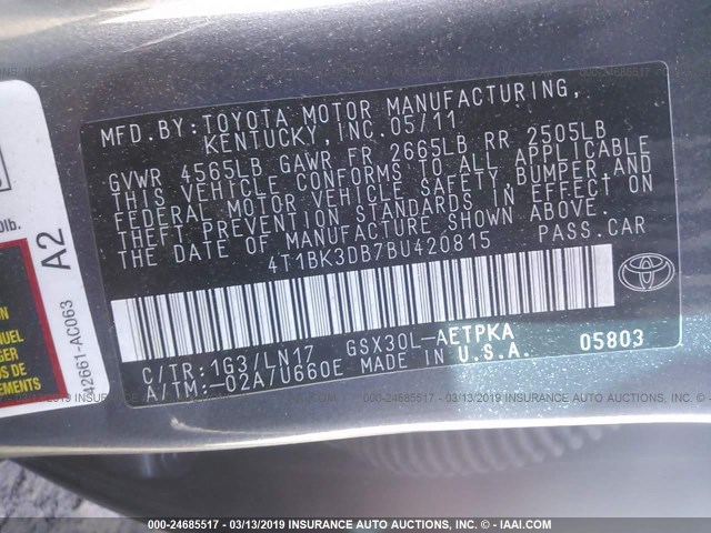 4T1BK3DB7BU420815 - 2011 TOYOTA AVALON LIMITED GRAY photo 9