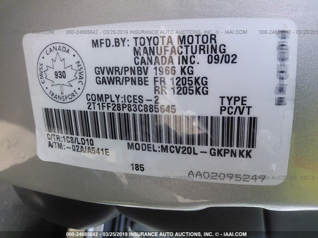 2T1FF28P83C885645 - 2003 TOYOTA CAMRY SOLARA SE/SLE ვერცხლისფერი ფოტო 9