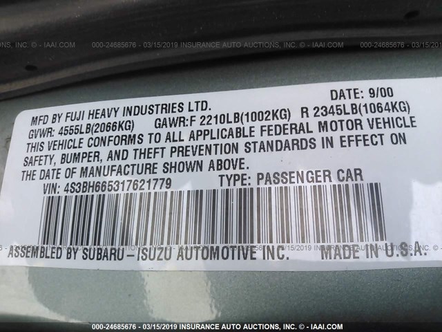 4S3BH665317621779 - 2001 SUBARU LEGACY OUTBACK TEAL photo 9