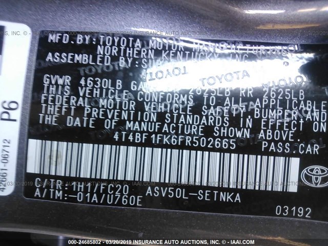 4T4BF1FK6FR502665 - 2015 TOYOTA CAMRY LE/XLE/SE/XSE 灰色 照片 9