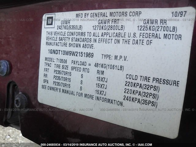 1GNDT13W9W2151969 - 1998 CHEVROLET BLAZER RED photo 9