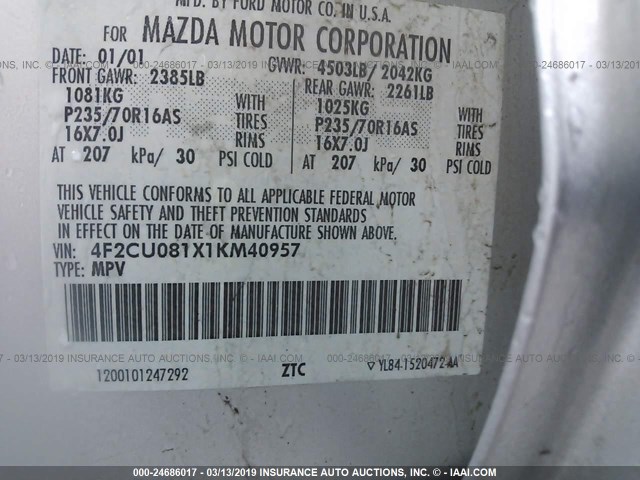 4F2CU081X1KM40957 - 2001 MAZDA TRIBUTE LX/ES SILVER photo 9