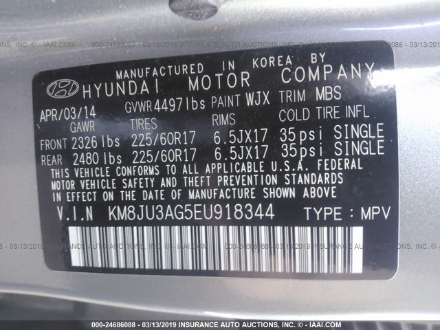 KM8JU3AG5EU918344 - 2014 HYUNDAI Tucson GLS/LIMITED/SE GRAY photo 9