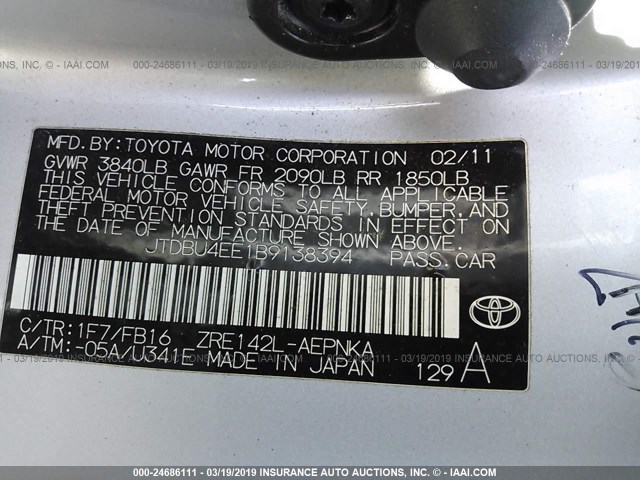 JTDBU4EE1B9138394 - 2011 TOYOTA COROLLA S/LE SILVER photo 9