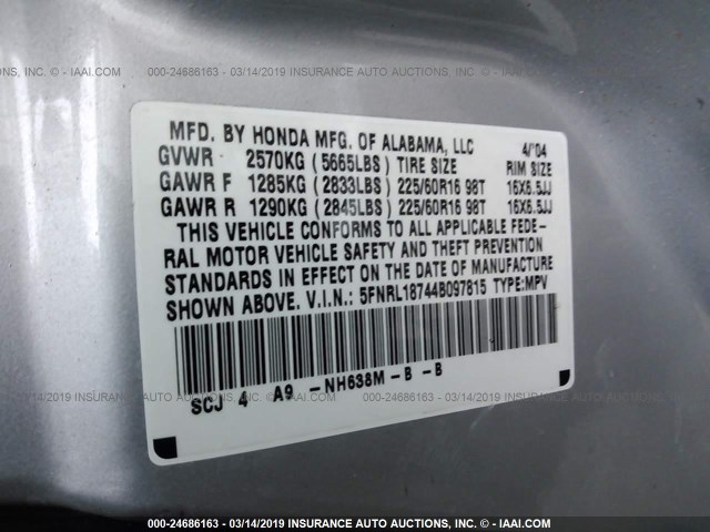 5FNRL18744B097815 - 2004 HONDA ODYSSEY EXL SILVER photo 9