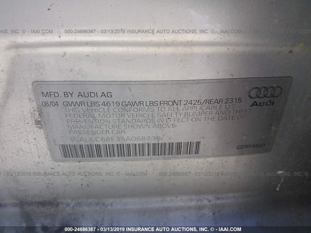 WAULC68E35A068136 - 2005 AUDI A4 1.8T QUATTRO/SPECIAL SILVER photo 9