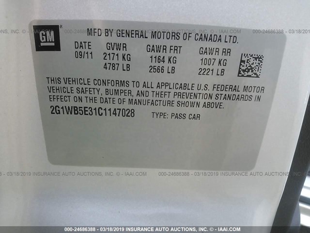 2G1WB5E31C1147028 - 2012 CHEVROLET IMPALA LT SILVER photo 9