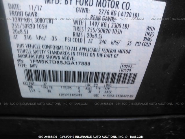 1FM5K7D85JGA17888 - 2018 FORD EXPLORER XLT GRAY photo 9