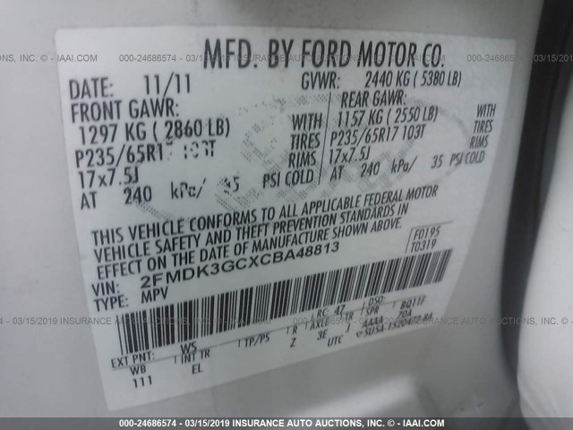 2FMDK3GCXCBA48813 - 2012 FORD EDGE SE WHITE photo 9