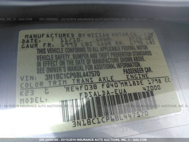 3N1BC1CP6BL447570 - 2011 NISSAN VERSA S/SL SILVER photo 9