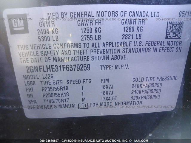 2GNFLHE31F6379259 - 2015 CHEVROLET EQUINOX LTZ BLACK photo 9