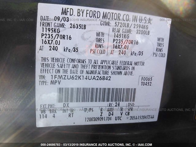 1FMZU62K14UA26842 - 2004 FORD EXPLORER XLS/XLS SPORT BLUE photo 9