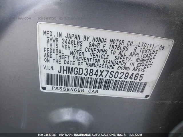 JHMGD384X7S029465 - 2007 HONDA FIT SILVER photo 9