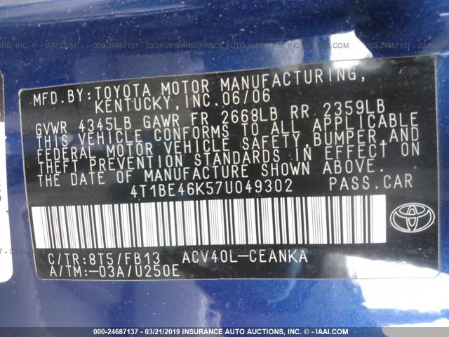 4T1BE46K57U049302 - 2007 TOYOTA CAMRY NEW GENERAT CE/LE/XLE/SE BLUE photo 9