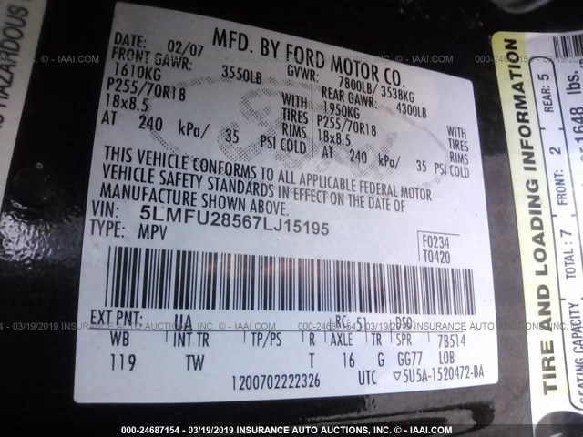 5LMFU28567LJ15195 - 2007 LINCOLN NAVIGATOR Noir photo 9