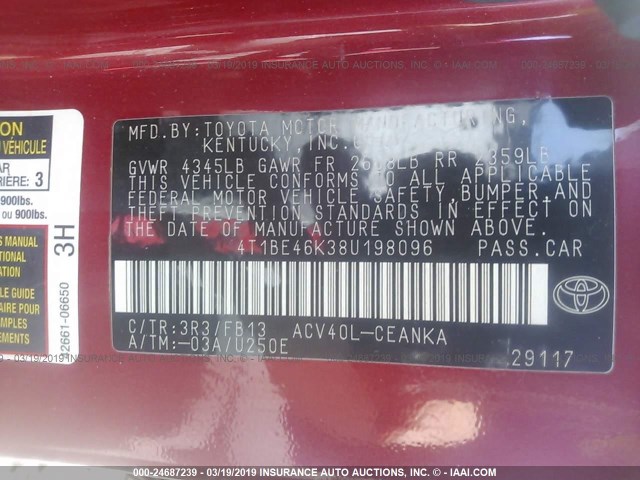 4T1BE46K38U198096 - 2008 TOYOTA CAMRY CE/LE/XLE/SE RED photo 9