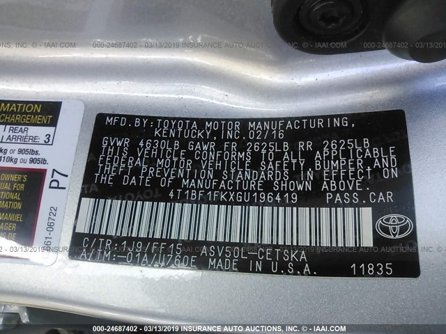 4T1BF1FKXGU196419 - 2016 TOYOTA CAMRY LE/XLE/SE/XSE SILVER photo 9