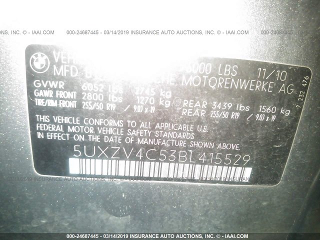 5UXZV4C53BL415529 - 2011 BMW X5 XDRIVE35I GRAY photo 9