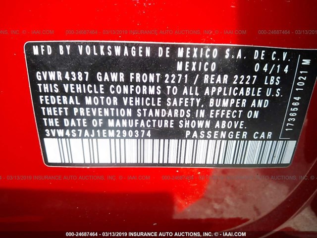 3VW4S7AJ1EM290374 - 2014 VOLKSWAGEN JETTA GLI RED photo 9