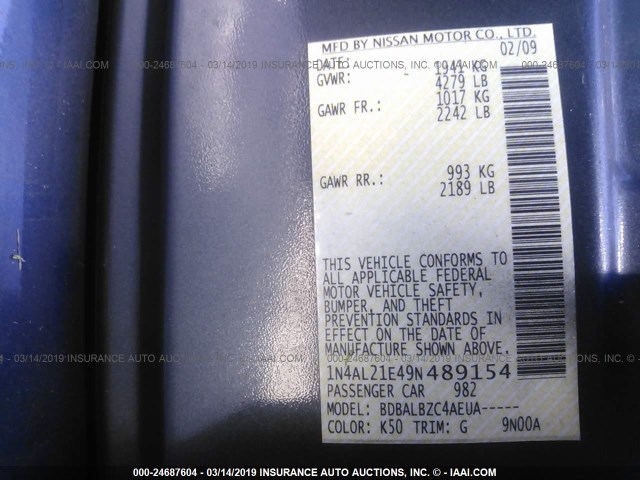 1N4AL21E49N489154 - 2009 NISSAN ALTIMA 2.5/2.5S GRAY photo 9